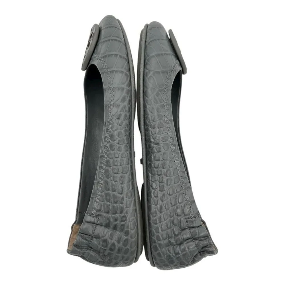 Tory Burch Women's Leather Croc Embossed Minnie Travel Ballet Flats Gray Sz 5.5
